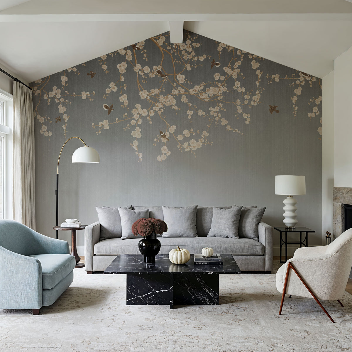 Beneath the Cherry Tree Gray Mural Wallpaper - room preview 04