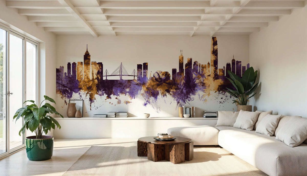 Hong Kong Skyline Purple & Gold Mural Wallpaper - room preview 04