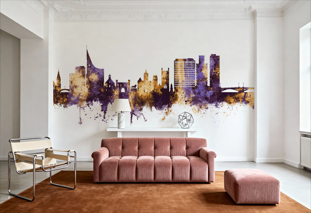 Reading England Skyline Purple & Gold Mural Wallpaper - room preview 04