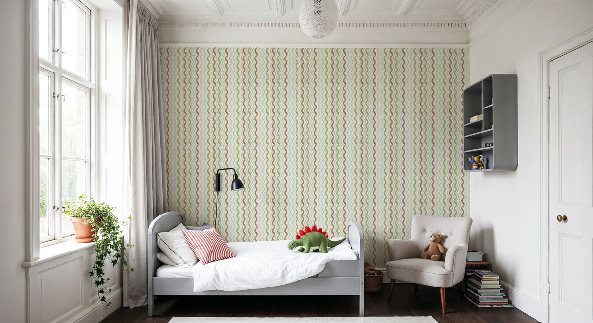 Wavy Stripes, Green & Rust Mural Wallpaper - room preview 04