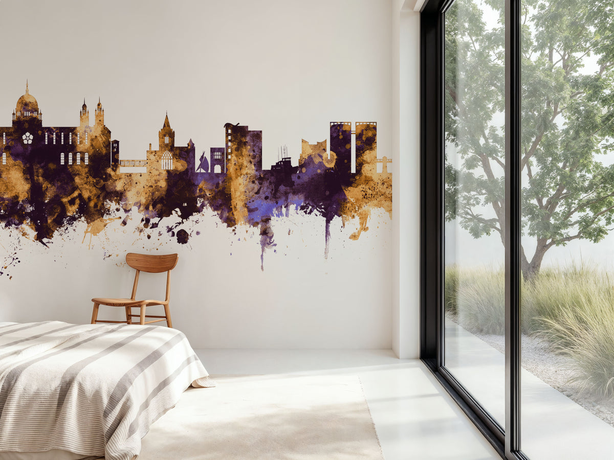 Galway Ireland Skyline Purple & Gold Mural Wallpaper - room preview 04