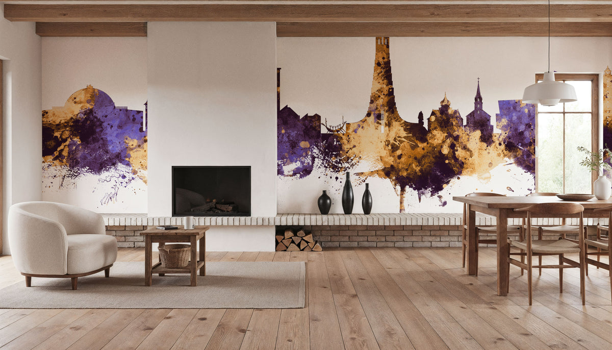 Reykjavík Skyline Purple & Gold Mural Wallpaper - room preview 04