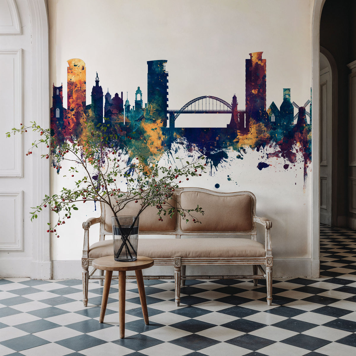 Sunderland England Skyline Blue & Bronze Mural Wallpaper - room preview 04