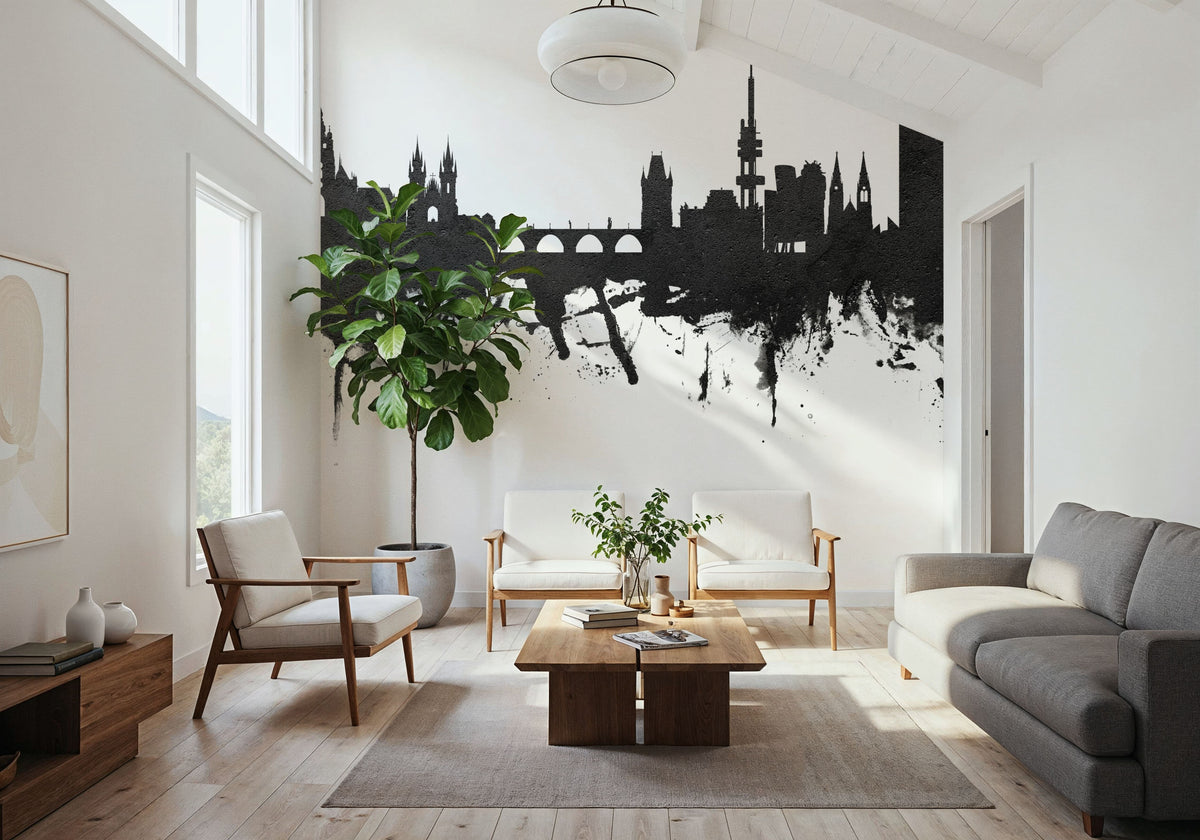 Prague (Praha) Czech Republic Skyline Black & White Mural Wallpaper - room preview 04