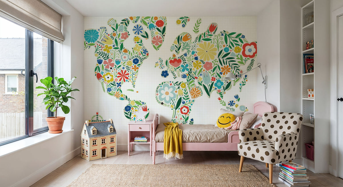 Floral World White Mural Wallpaper - room preview 04