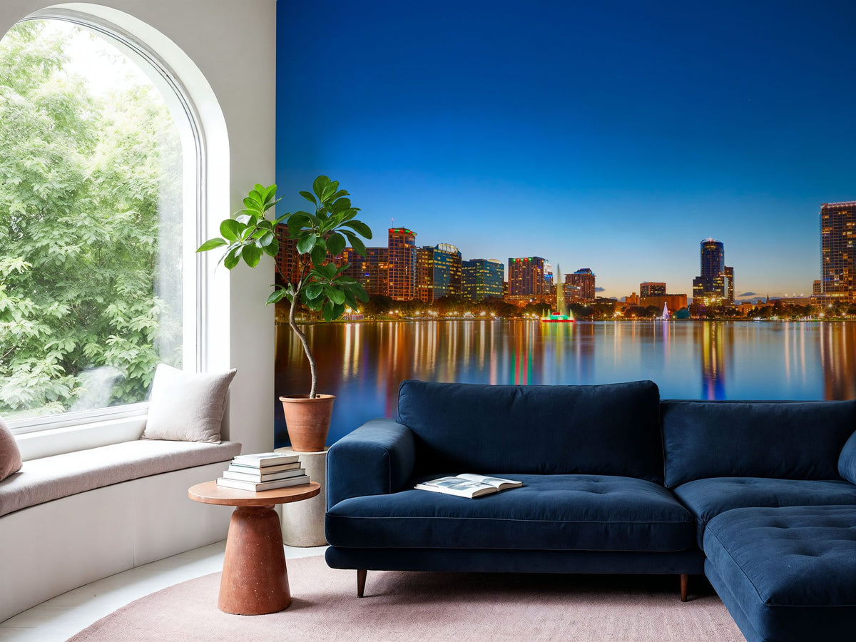 Orlando Skyline Sunset At Lake Eola Mural Wallpaper - room preview 04