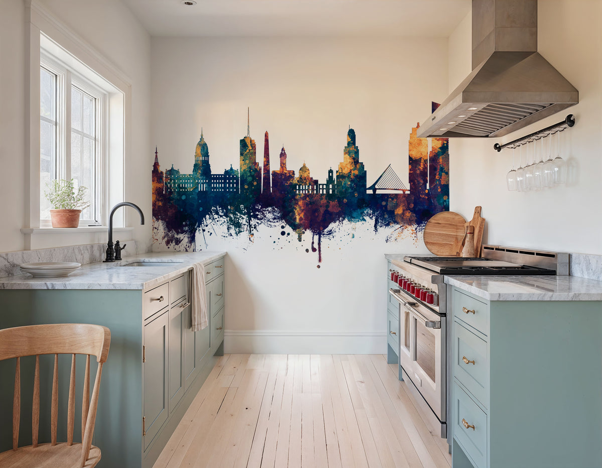 Buenos Aires Argentina Skyline Blue & Bronze Mural Wallpaper - room preview 04