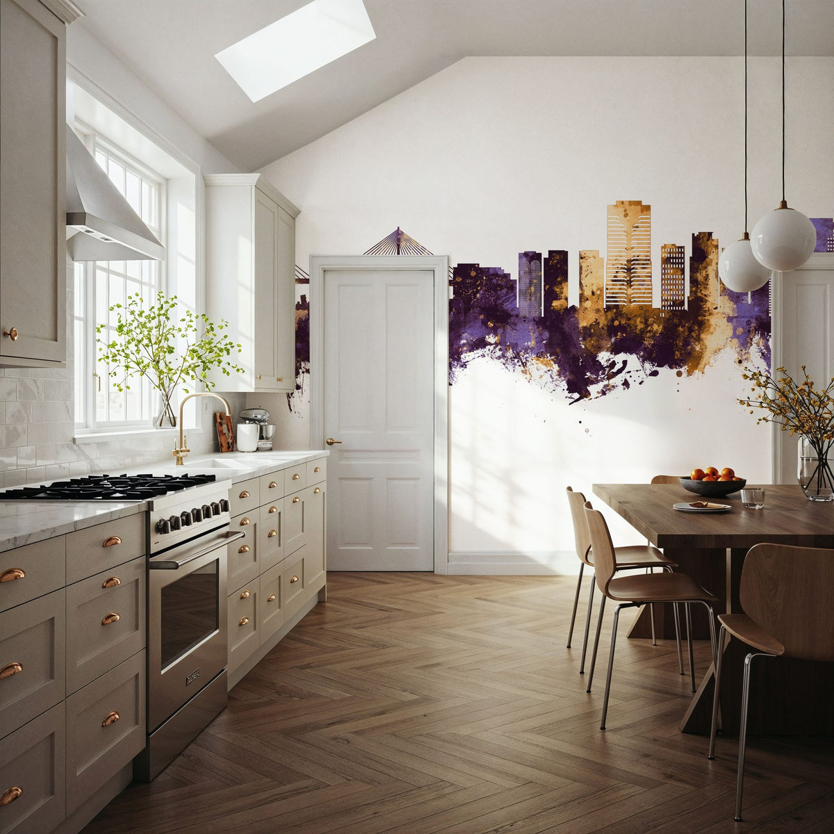 Long Beach California Skyline Purple & Gold Mural Wallpaper - room preview 04