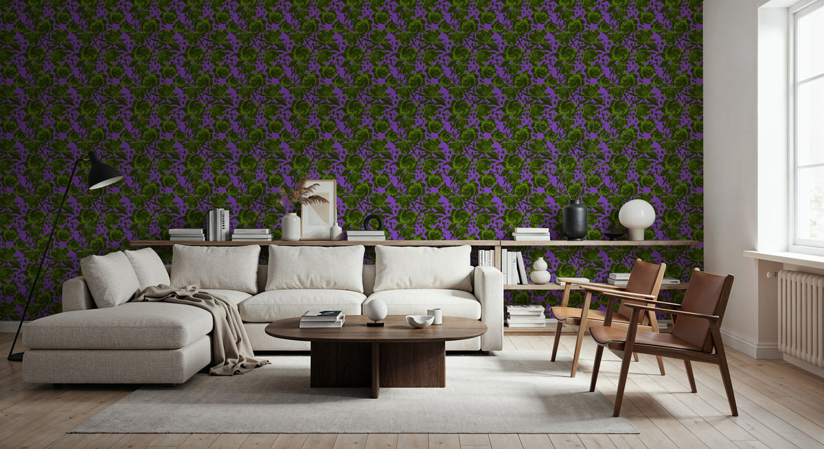 Pop Peonies, Green & Purple Mural Wallpaper - room preview 04