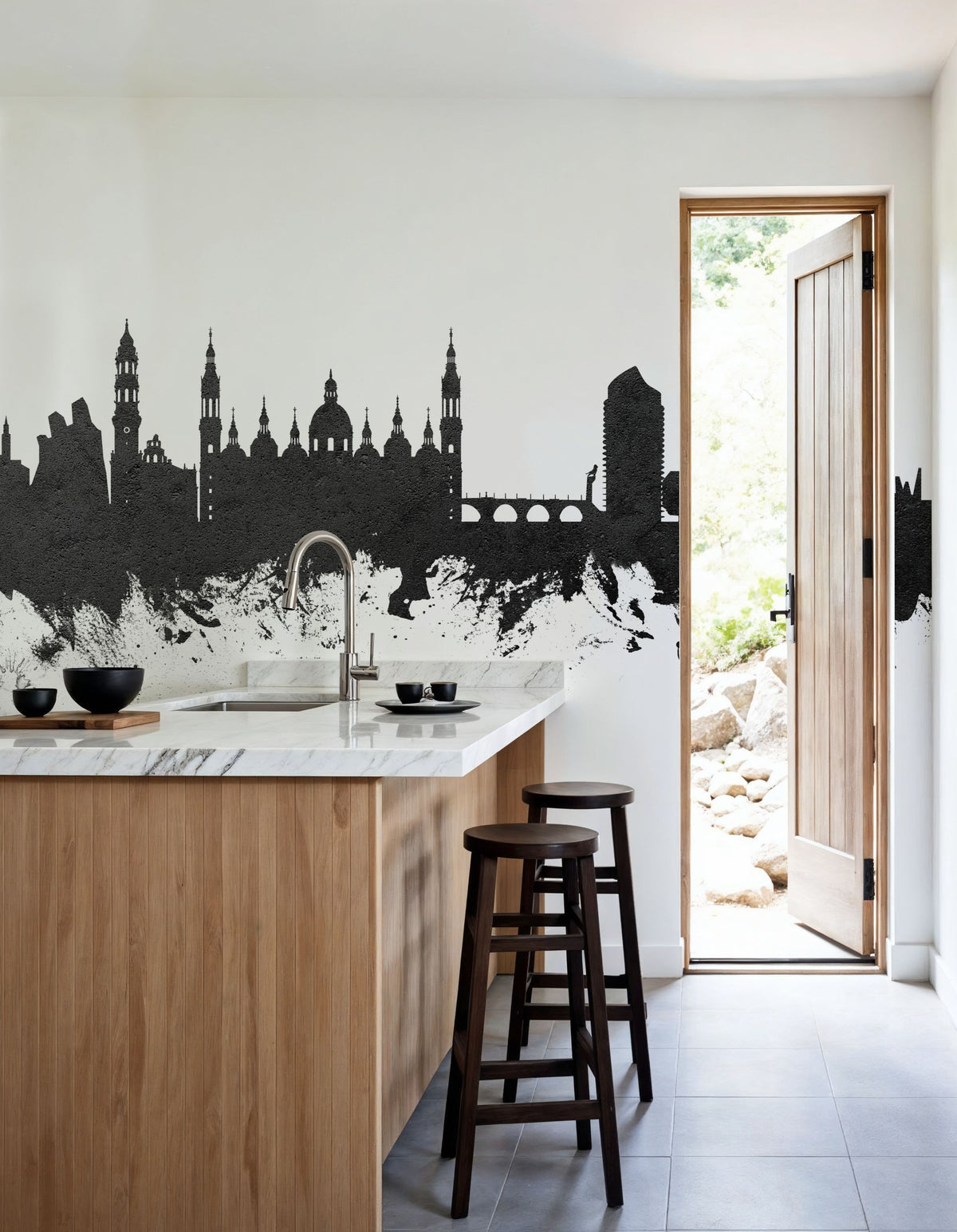 Zaragoza Spain Skyline Black & White Mural Wallpaper - room preview 04
