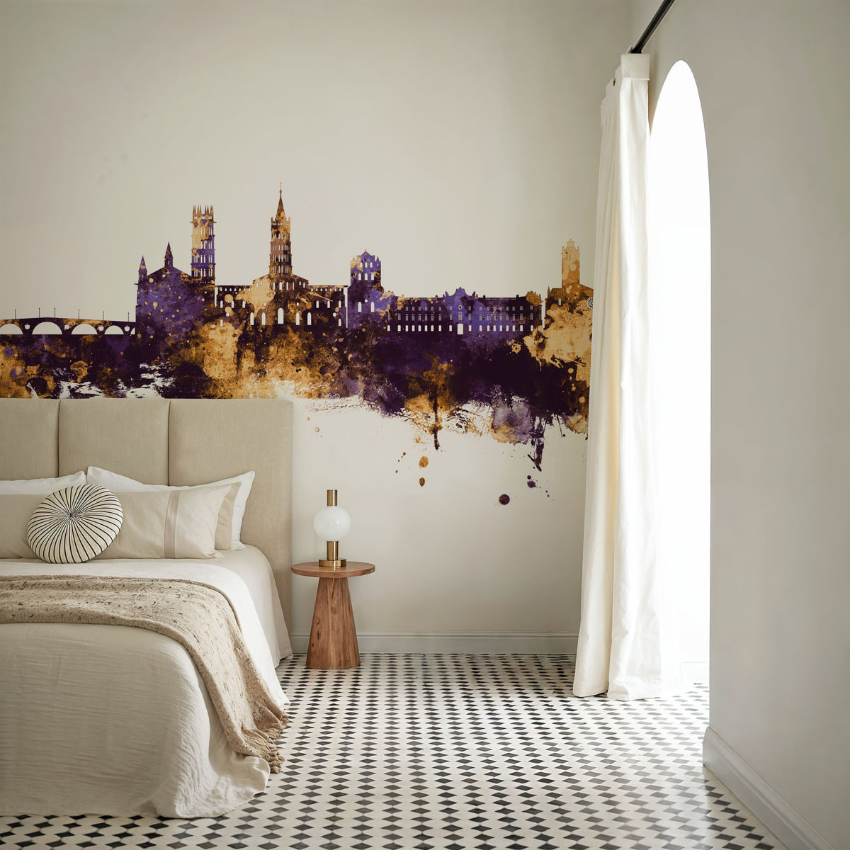 Toulouse France Skyline Purple & Gold Mural Wallpaper - room preview 04