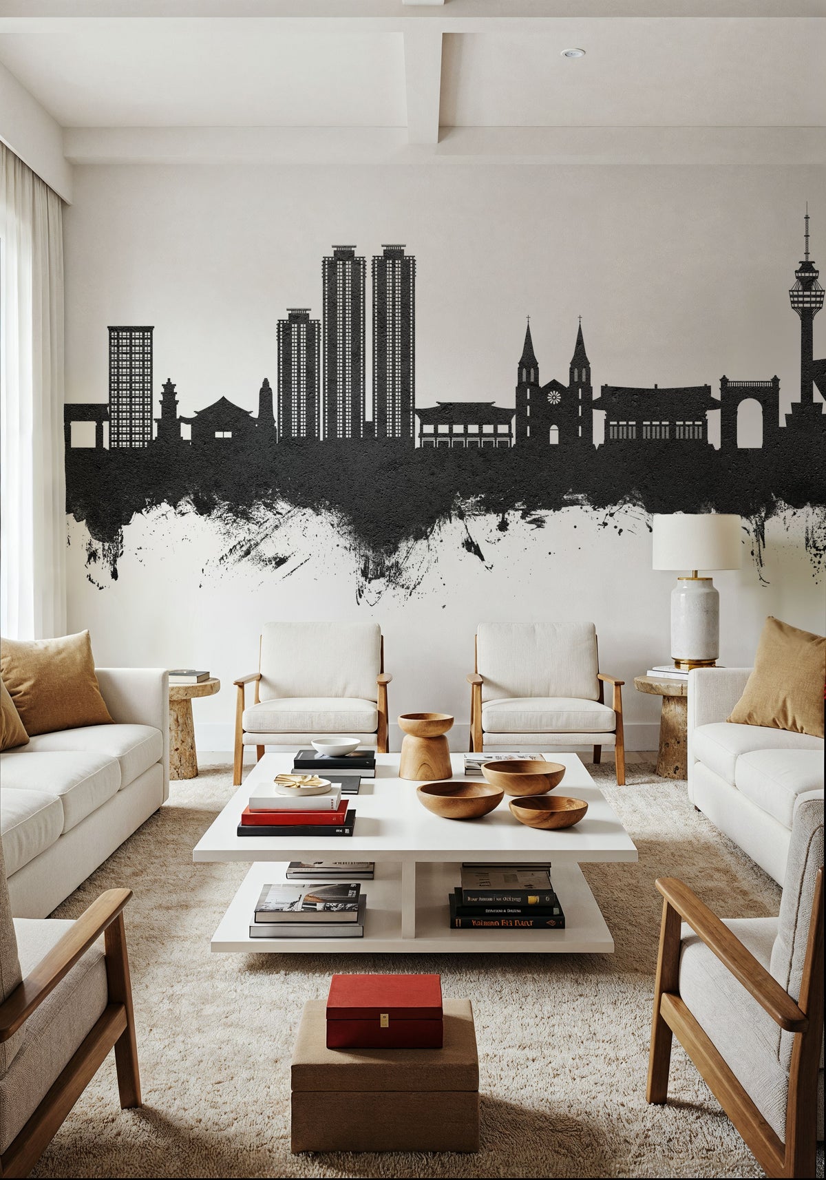 Daegu South Korea Skyline Black & White Mural Wallpaper - room preview 04
