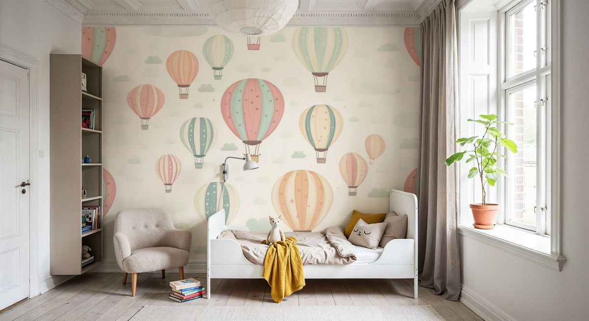 Hot Air Balloon Cloudy White Mural Wallpaper - room preview 04