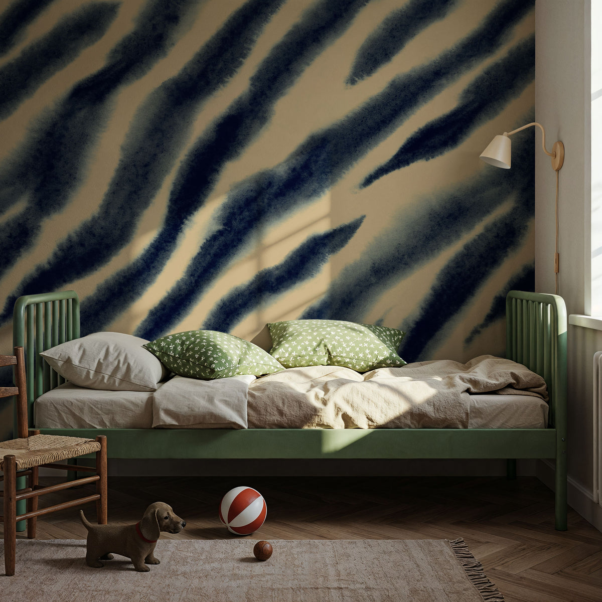 Watercolor Tiger Stripes, Blue on Beige Mural Wallpaper - room preview 04
