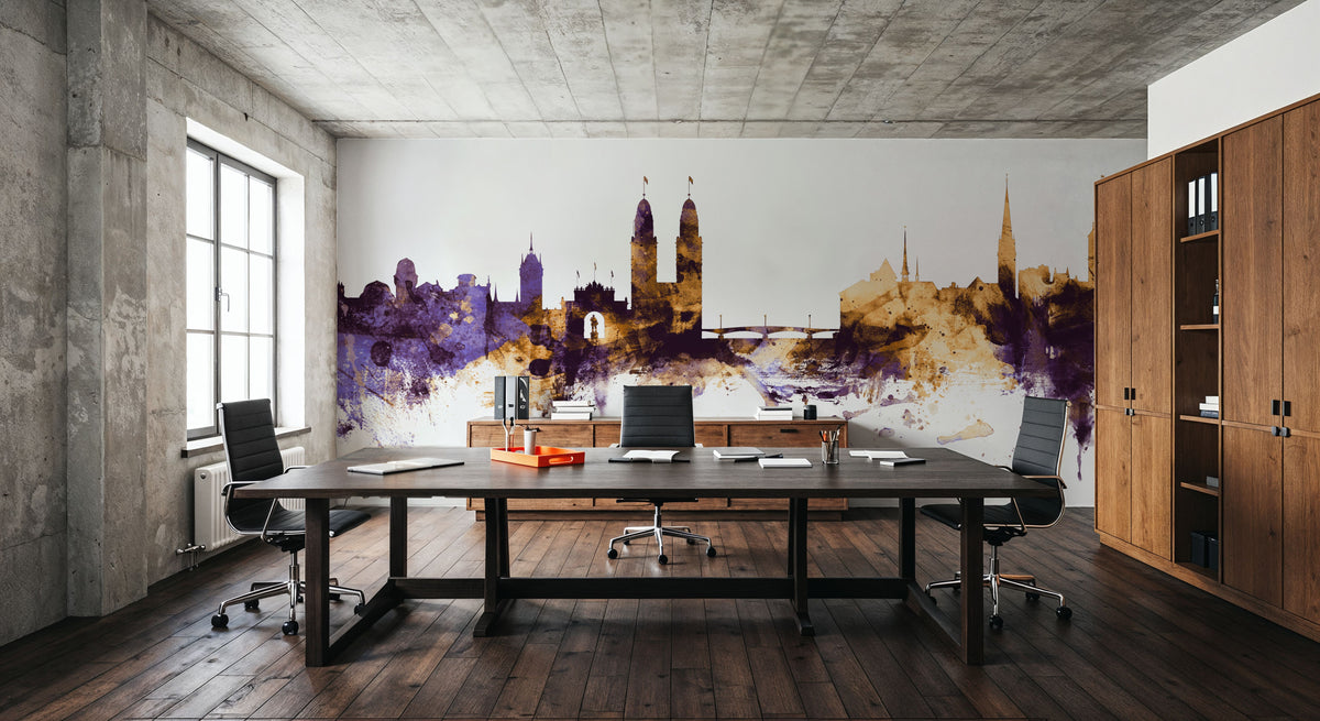 Zurich Switzerland Skyline Purple & Gold Mural Wallpaper - room preview 04
