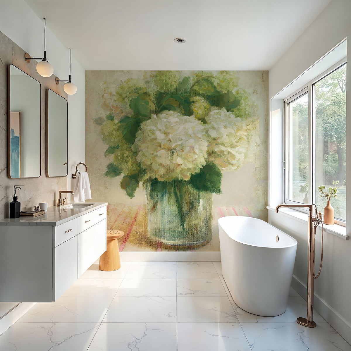 Cottage Hydrangeas in White Mural Wallpaper - room preview 04