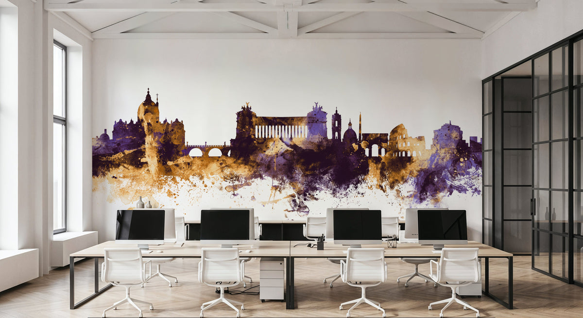 Rome Italy Skyline Purple & Gold Mural Wallpaper - room preview 04