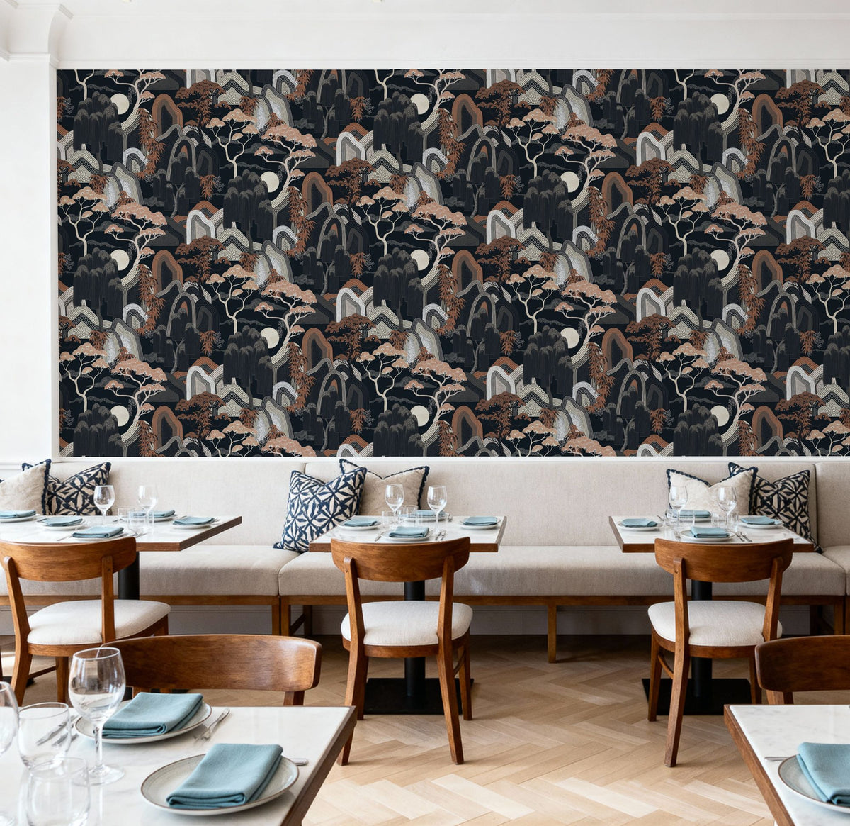 Whispers of the Mountain Pattern, Midnight Mural Wallpaper - room preview 04