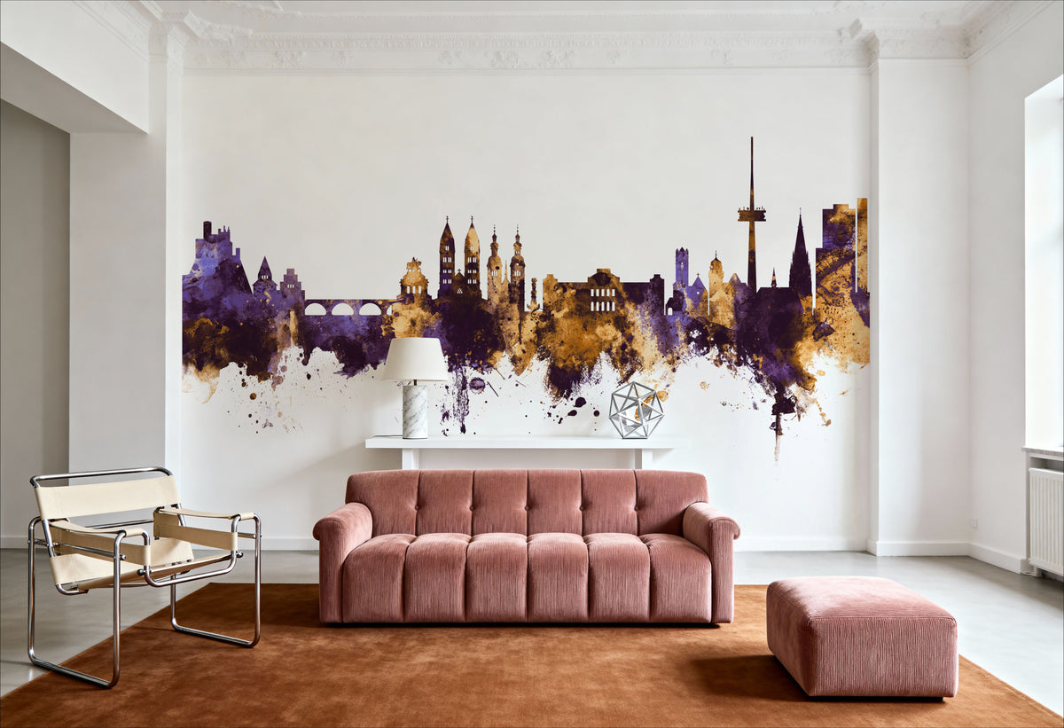 Koblenz Germany Skyline Purpl & Gold Mural Wallpaper - room preview 04