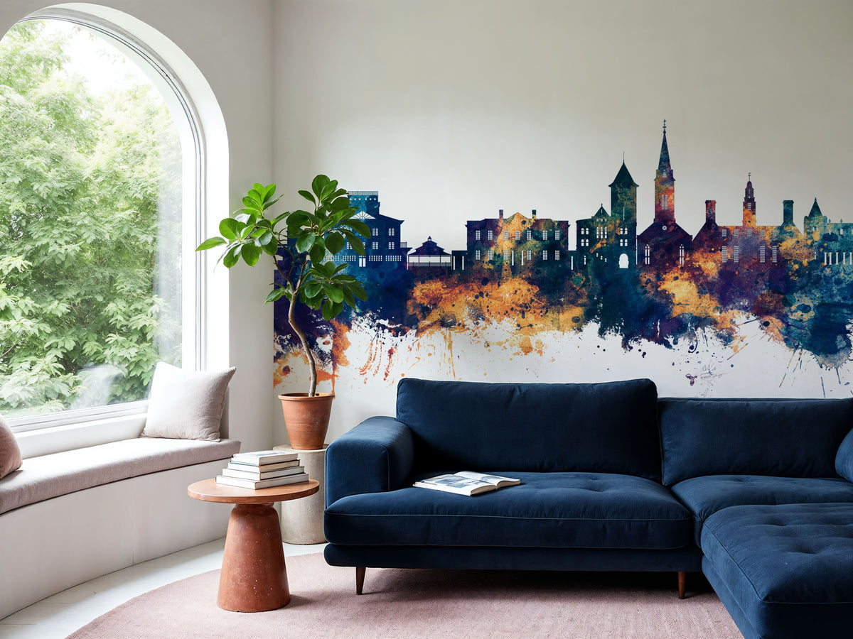 New Bern North Carolina Skyline Blue & Gold Mural Wallpaper - room preview 04