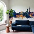 New Bern North Carolina Skyline Blue & Gold Mural Wallpaper - room preview 04