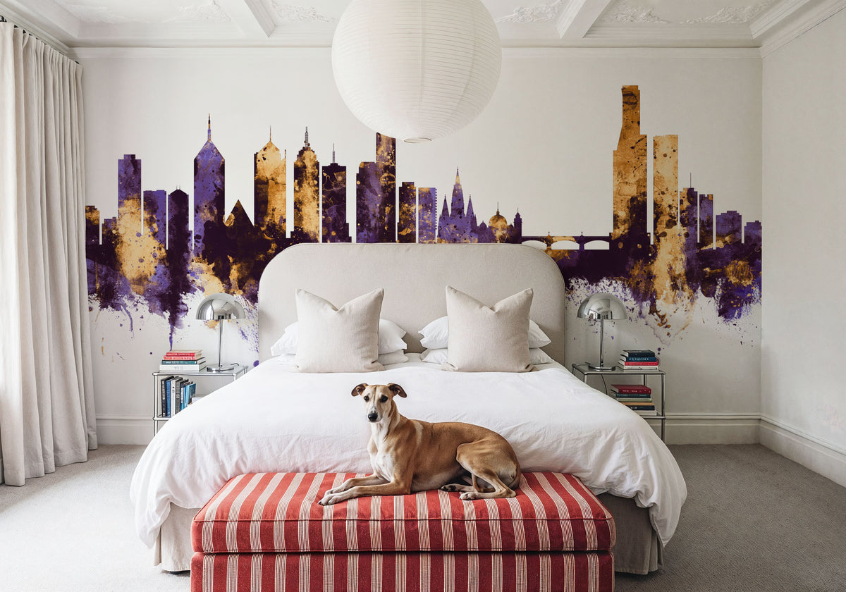 Melbourne Australia Skyline Purple & Gold Mural Wallpaper - room preview 04
