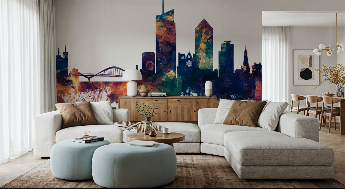 Lyon France Skyline Blue & Bronze Mural Wallpaper - room preview 04