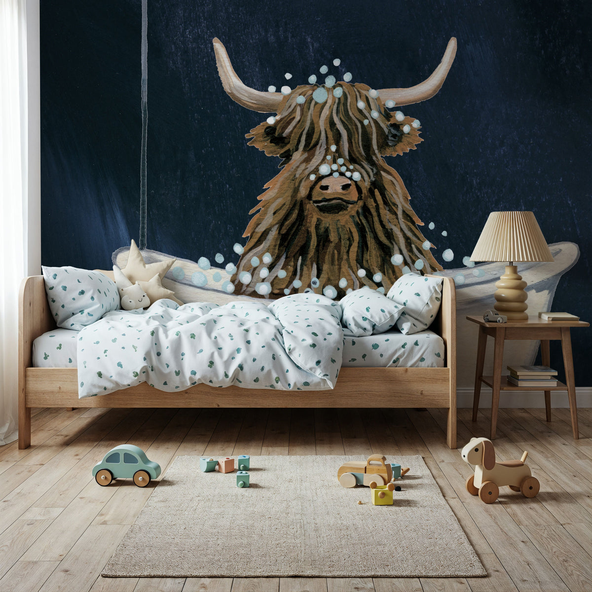 Highland Cow in Tub Texture Light Mural Wallpaper - room preview 04