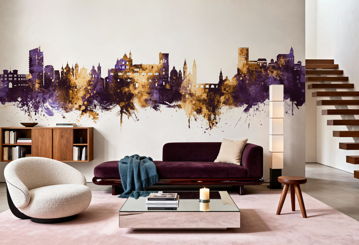 Granada Spain Skyline Purple & Gold Mural Wallpaper - room preview 04