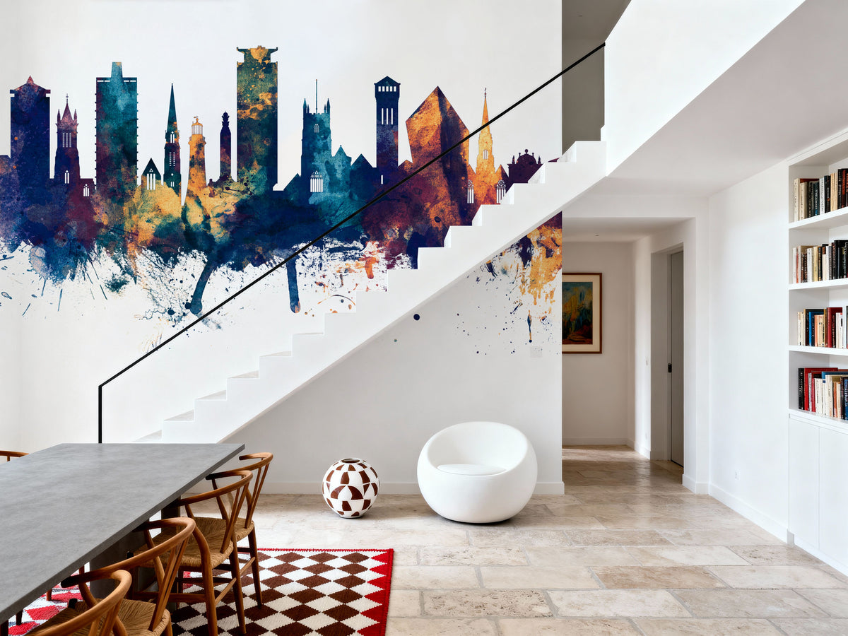 Plymouth England Skyline Blue & Bronze Mural Wallpaper - room preview 04