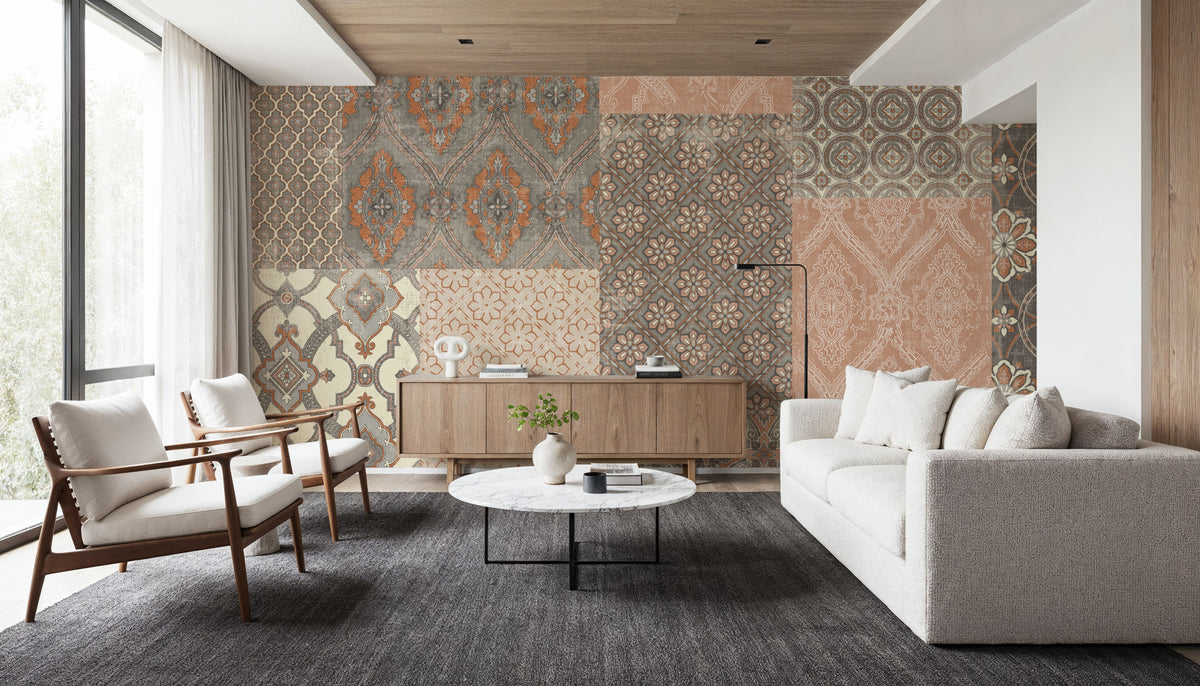 Venetian Patchwork I Orange Gray Mural Wallpaper - room preview 04