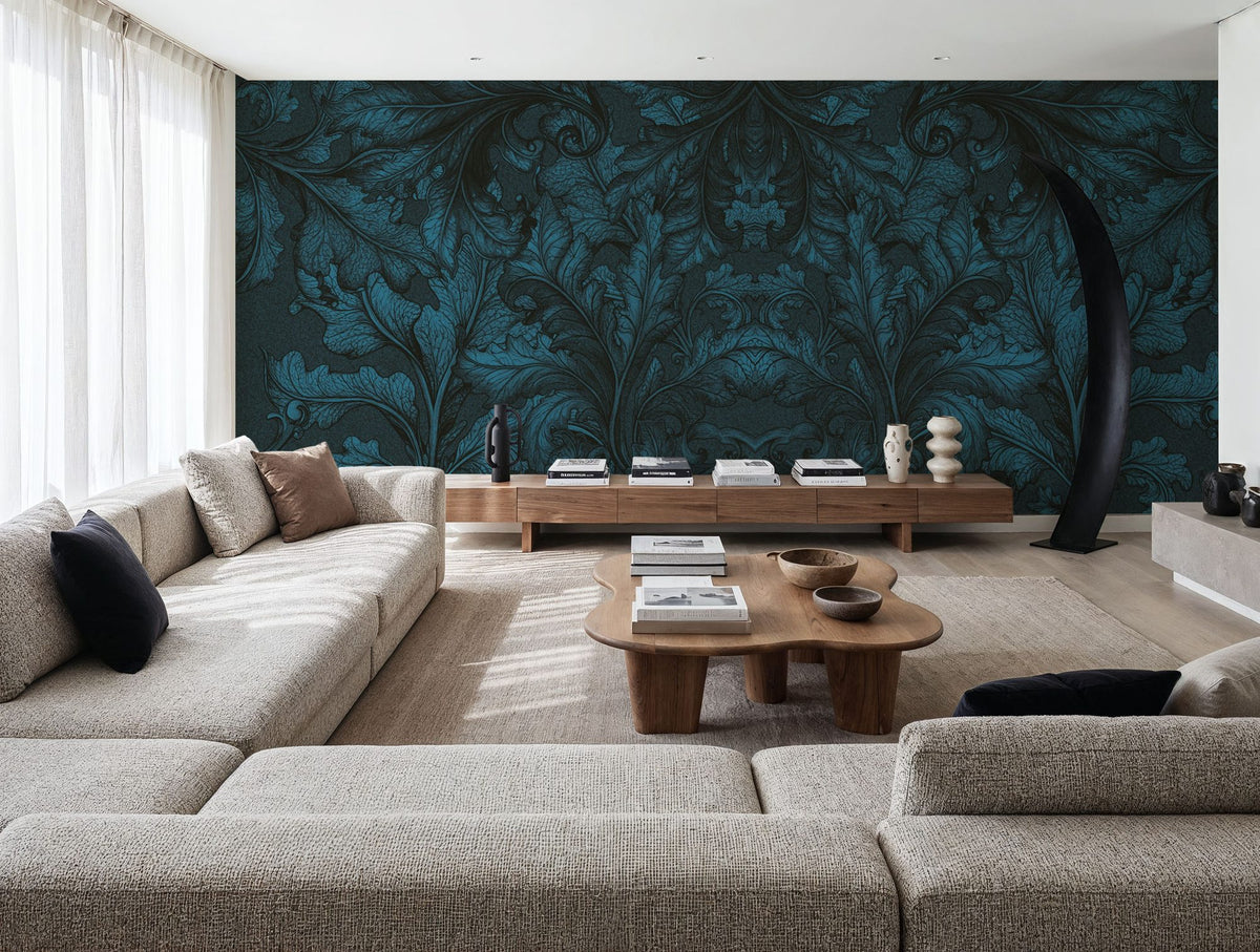 Shielded Leaf Blue Mural Wallpaper - room preview 04