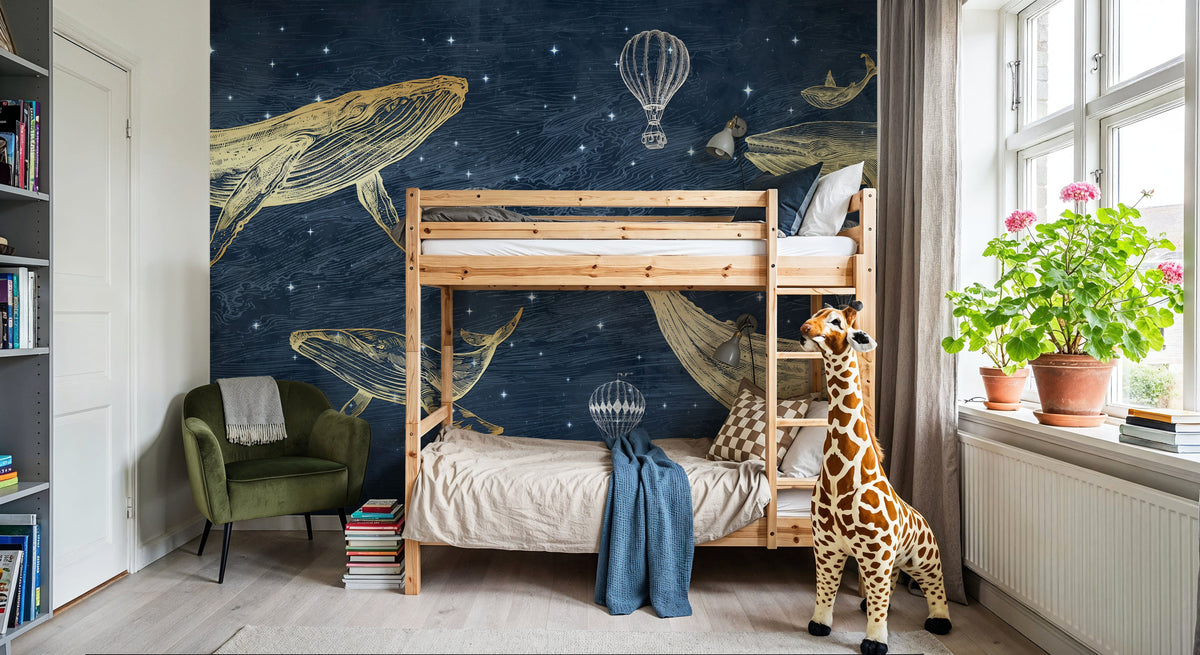 Whales in the Sky with Balloons, Midnight Mural Wallpaper - room preview 04