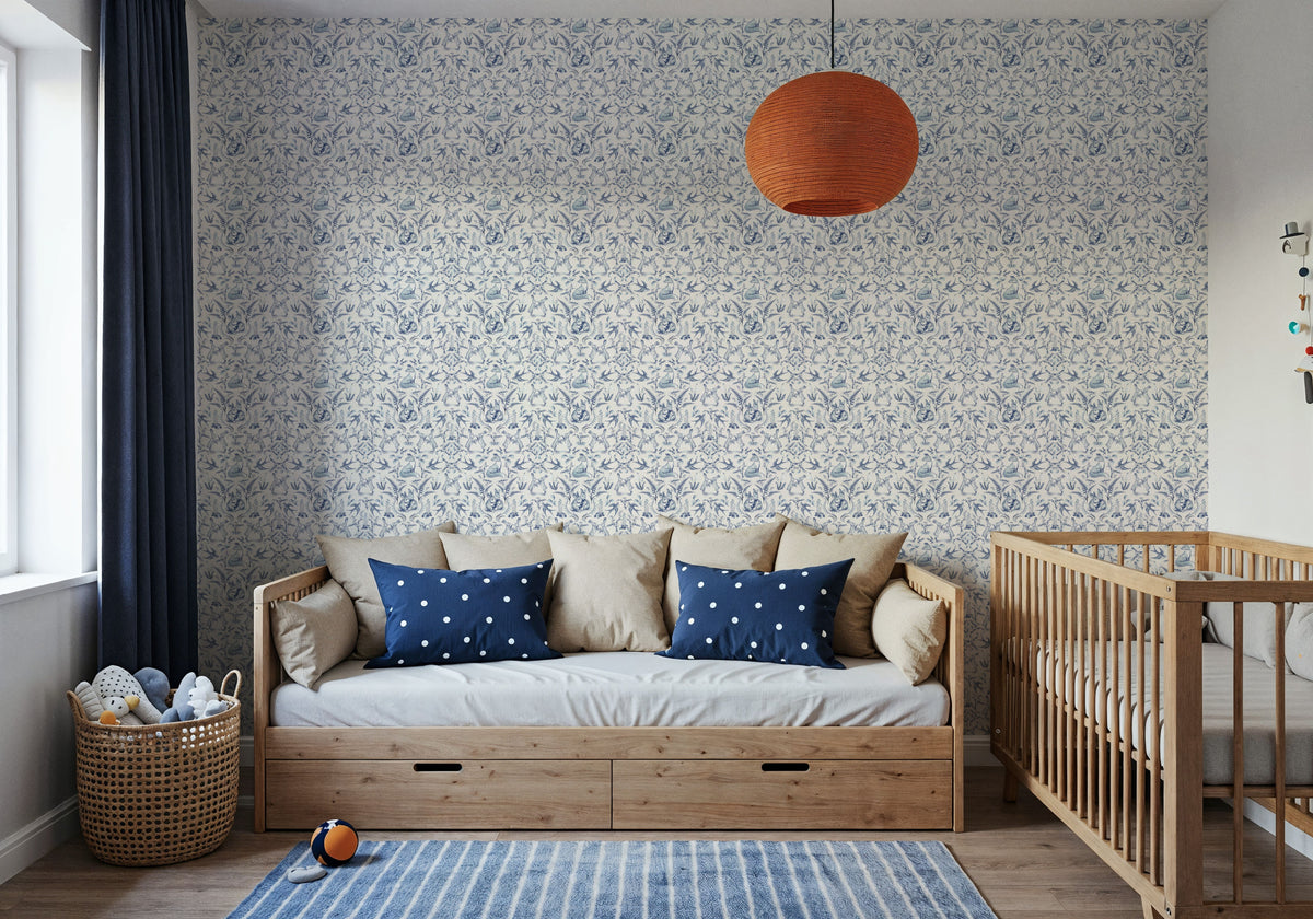 Spring Field Rabbits, Blue Mural Wallpaper - room preview 04