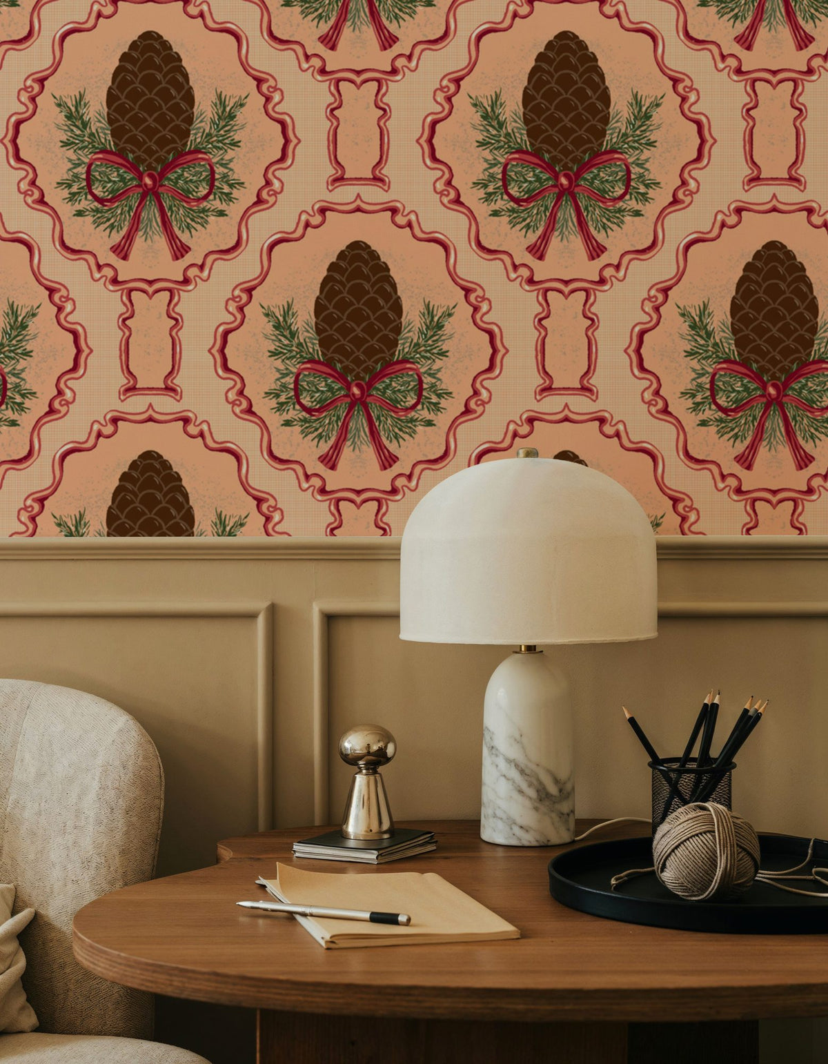 Pine Cone & Ornate Rackets, Peach Mural Wallpaper - room preview 04