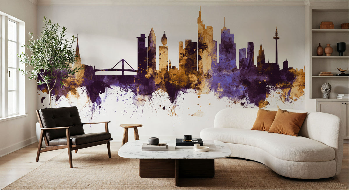 Frankfurt Skyline Purple & Gold Mural Wallpaper - room preview 04