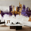 Frankfurt Skyline Purple & Gold Mural Wallpaper - room preview 04