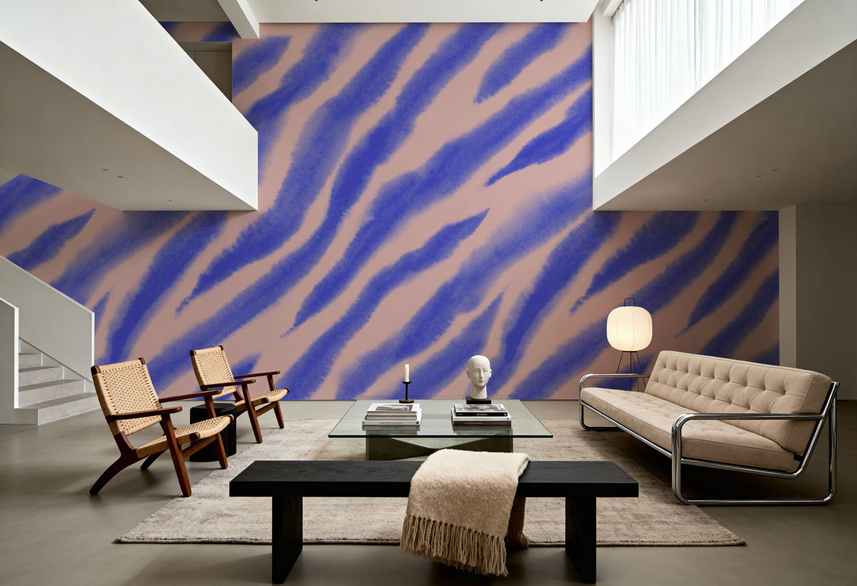 Watercolor Tiger Stripes, Periwinkle on Pink Mural Wallpaper - room preview 04