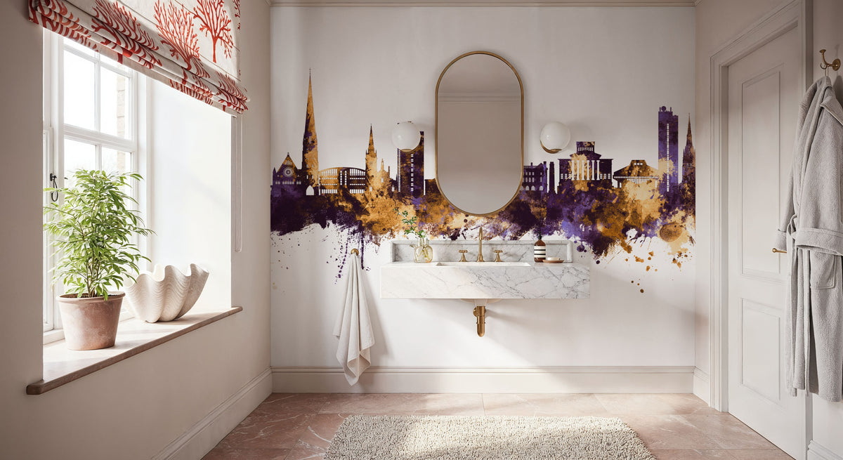 Preston England Skyline Purple & Gold Mural Wallpaper - room preview 04