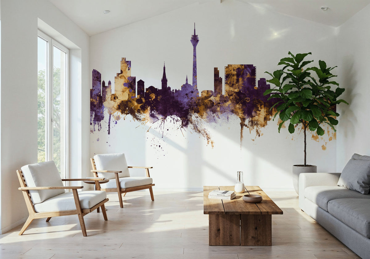 Düsseldorf Germany Skyline Purple & Gold Mural Wallpaper - room preview 04