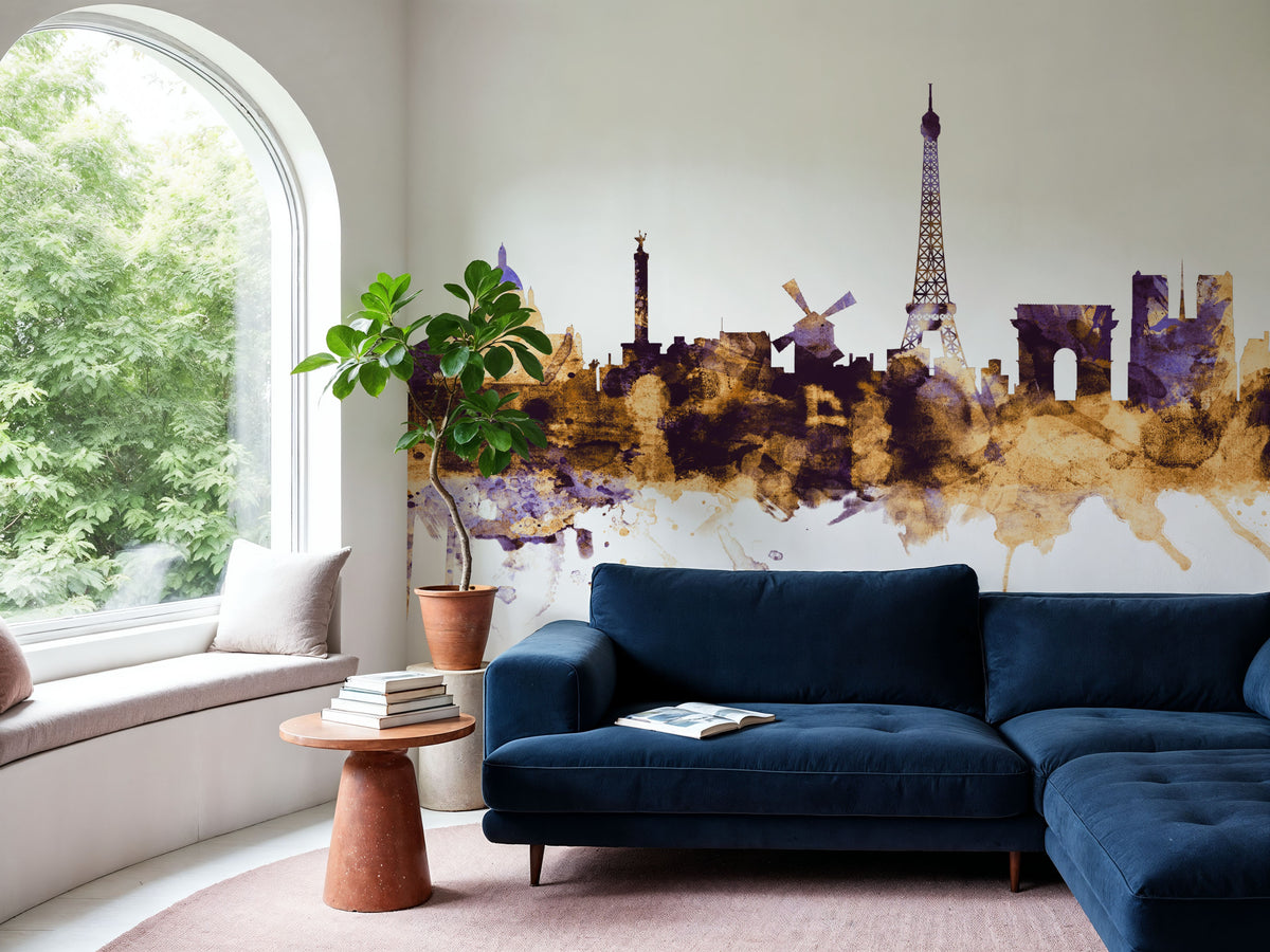 Paris Skyline Purple & Gold Mural Wallpaper - room preview 04