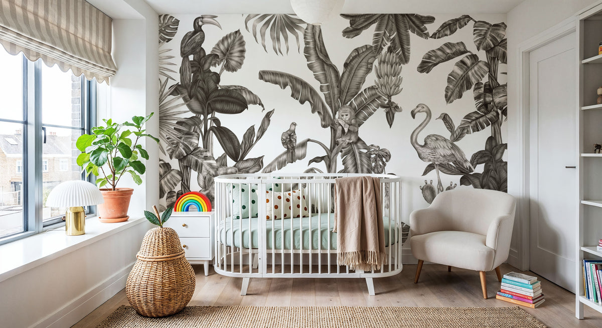 Monkeys with Birds, W&B Mural Wallpaper - room preview 04