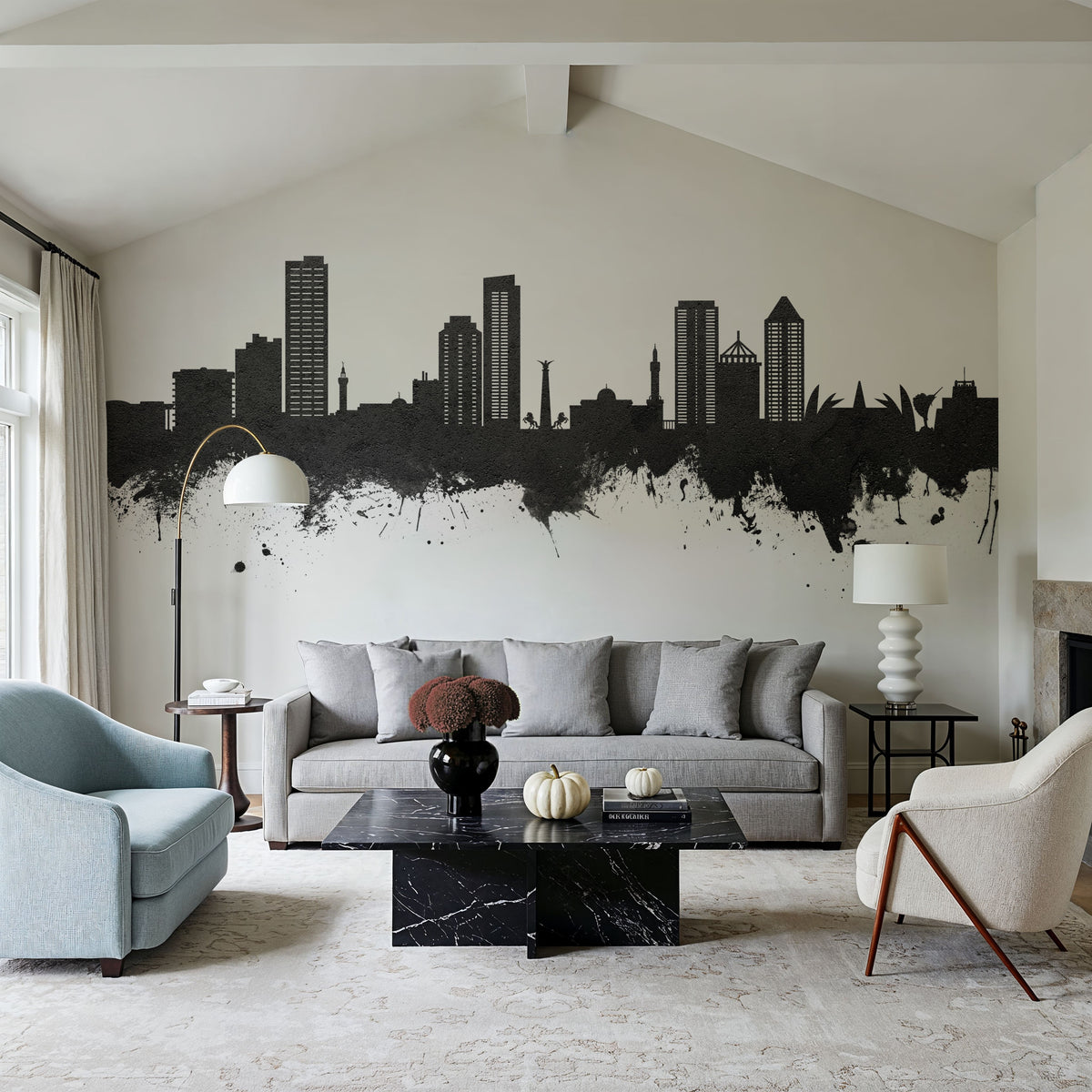 Umm Al Quwain Skyline Black & White Mural Wallpaper - room preview 04