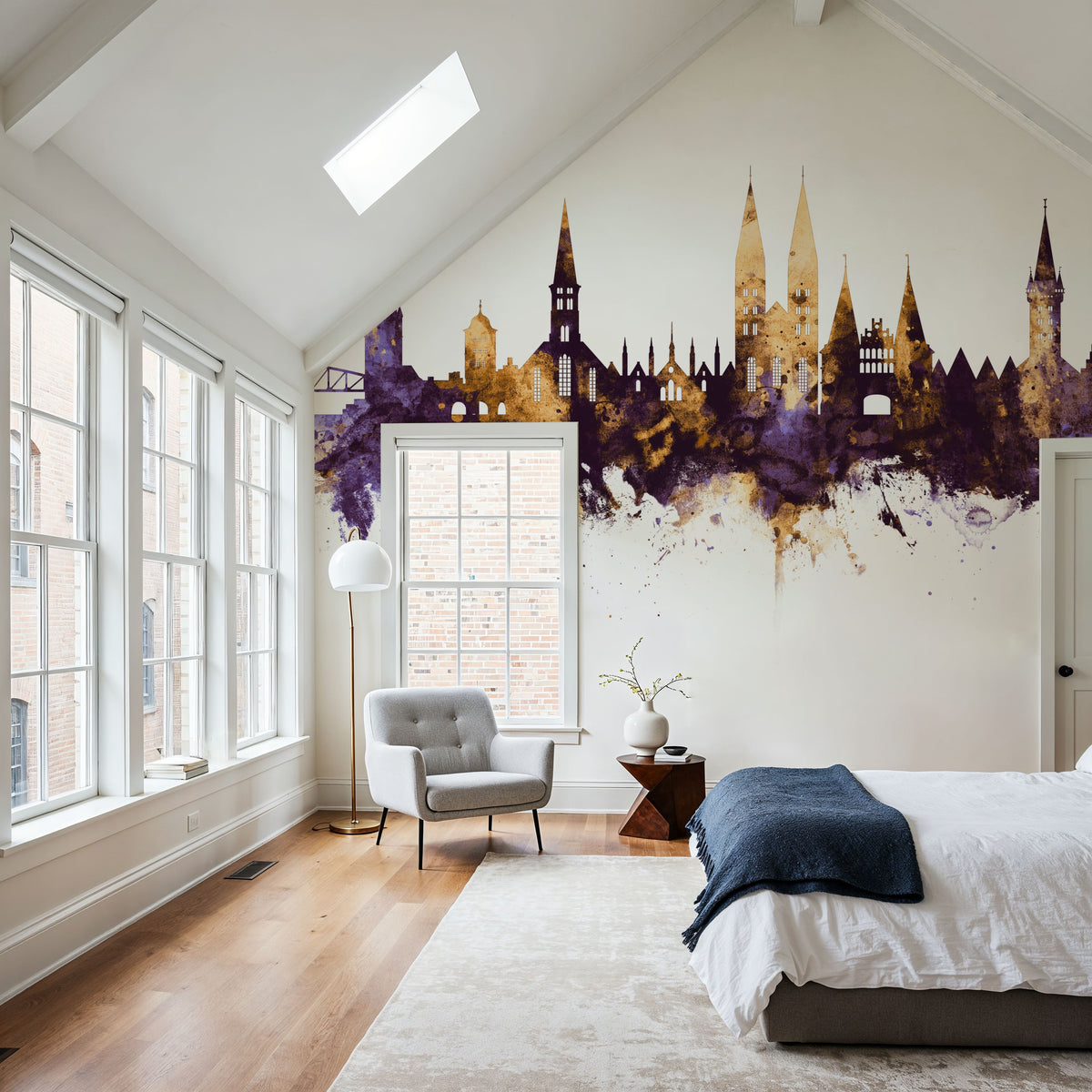 Lubeck Germany Skyline Purple & Gold Mural Wallpaper - room preview 04