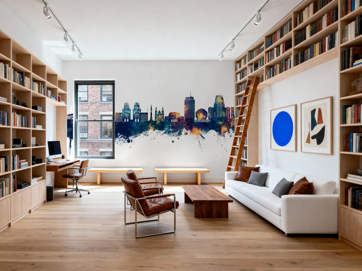 Minsk Belarus Skyline Blue & Bronze Mural Wallpaper - room preview 04