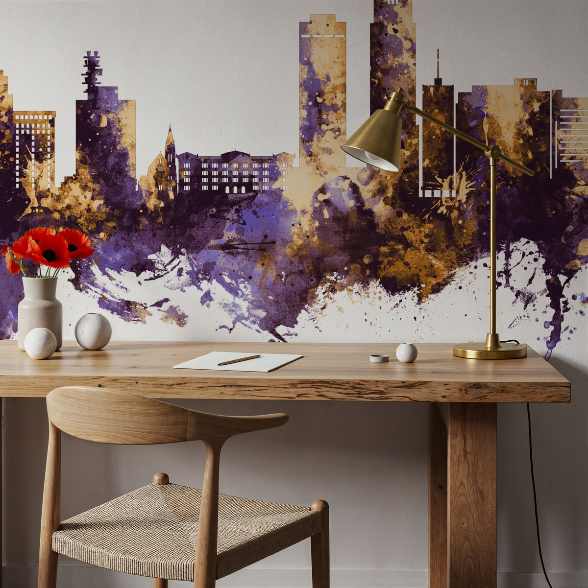 Omaha Nebraska Skyline Purple & Gold Mural Wallpaper - room preview 04