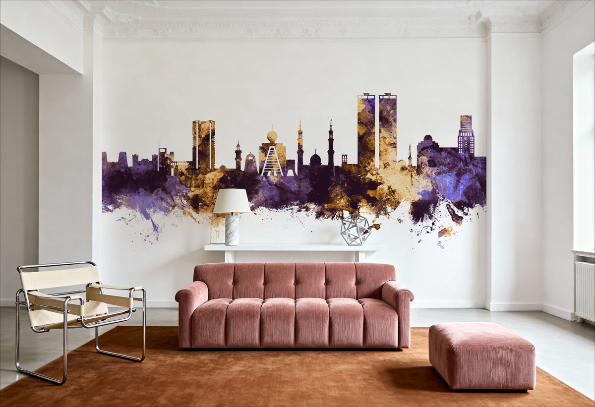 Ras Al Khaimah Skyline Purple & Gold Mural Wallpaper - room preview 04