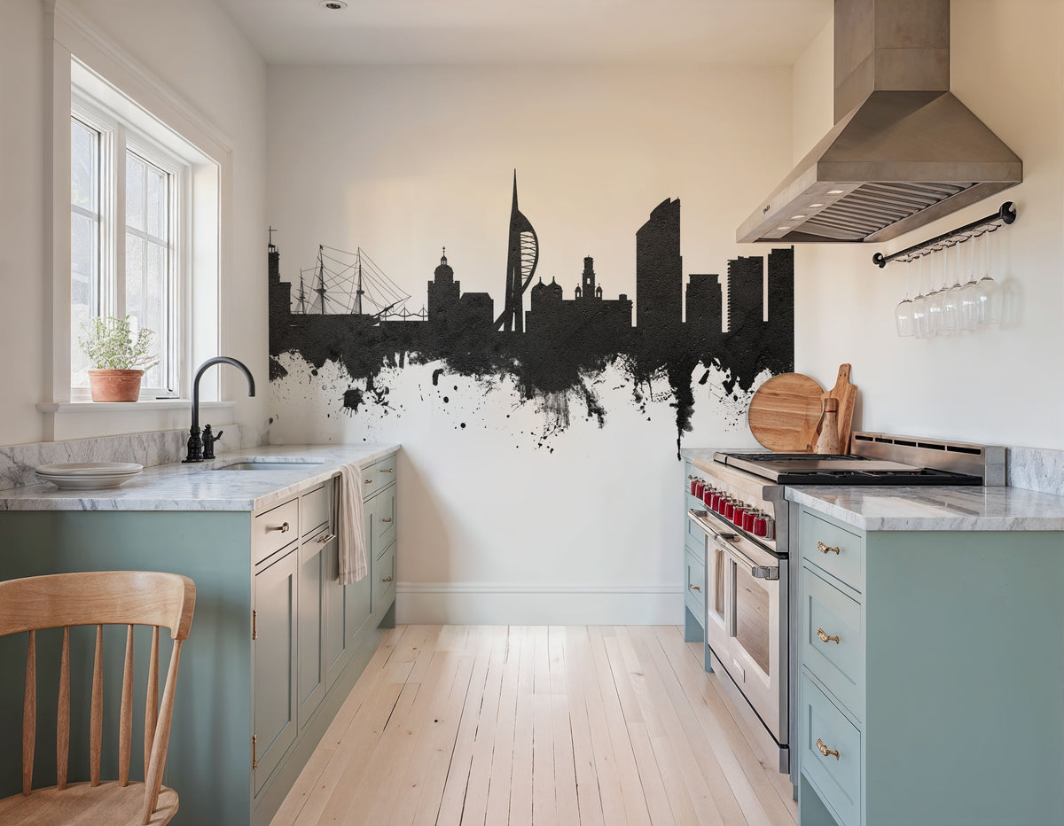 Portsmouth England Skyline Black & White Mural Wallpaper - room preview 04
