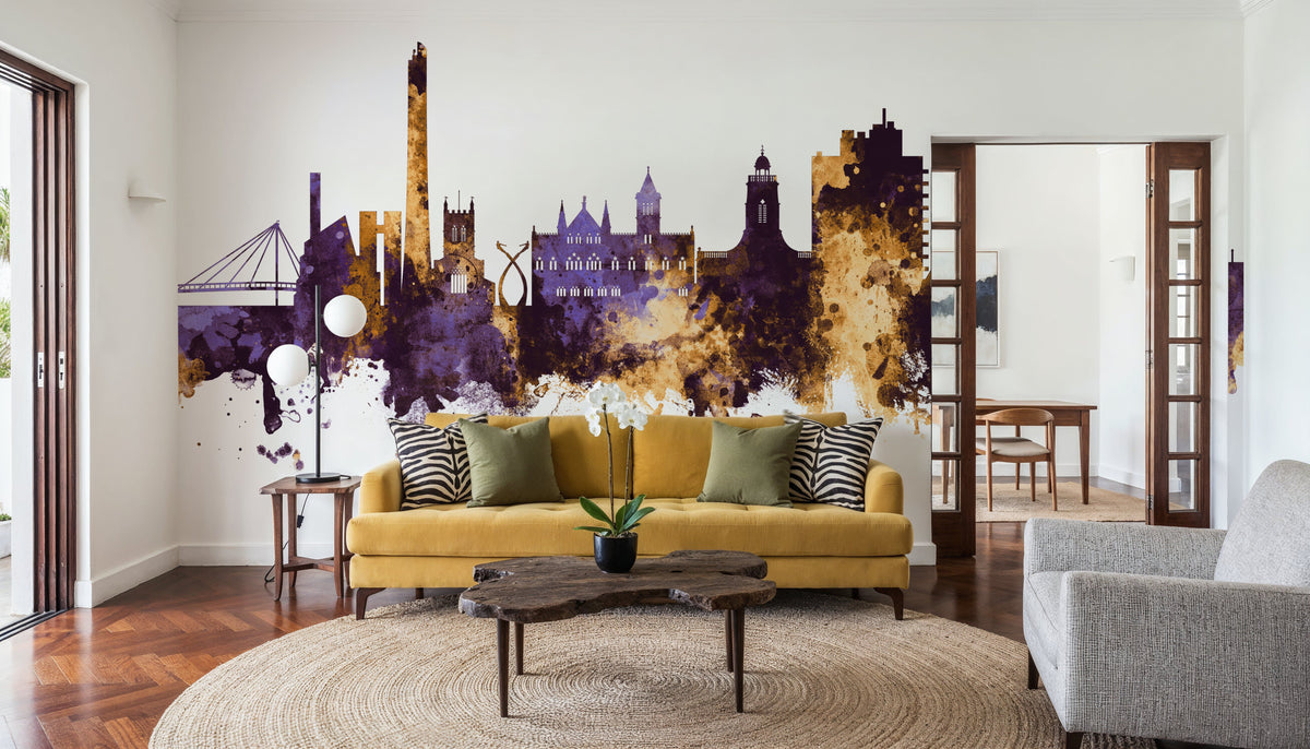 Northampton England Skyline Purple & Gold Mural Wallpaper - room preview 04