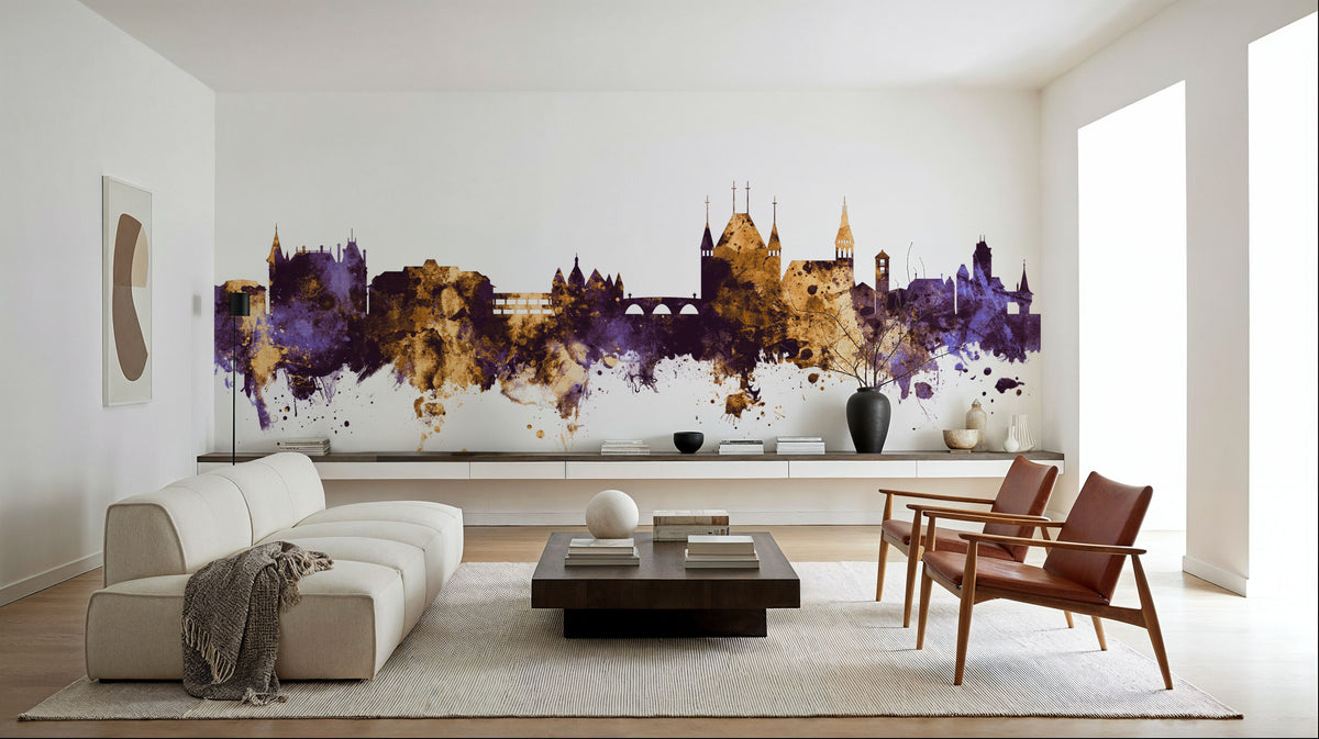 Thun Switzerland Skyline Purple & Gold Mural Wallpaper - room preview 04